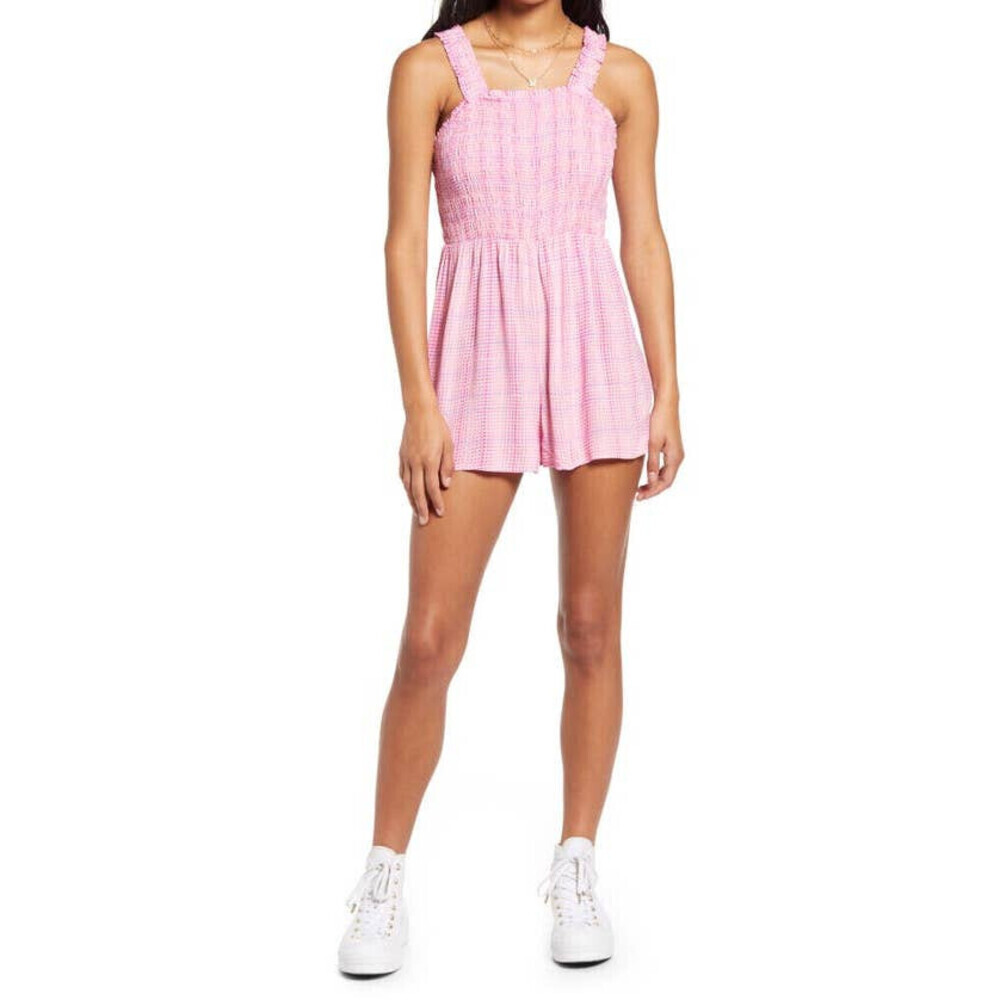 BP. Smocked Bodice Pink Geodot Plaid Women's Shorts Romper Pink Size XXS